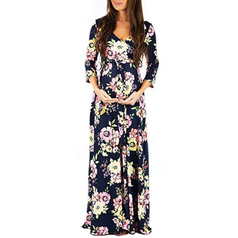 Deep V-Neck Dresses for Pregnant Women - Navy/Floral / M