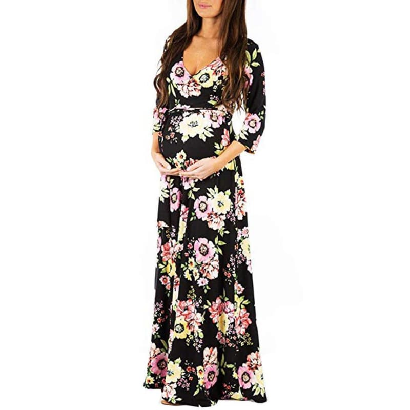 Deep V-Neck Dresses for Pregnant Women - Navy/Floral / XL