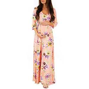 Deep V-Neck Dresses for Pregnant Women - Peach / M