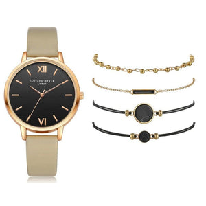 Leather Band Quartz Watch For Women - Beige / 5 Pcs