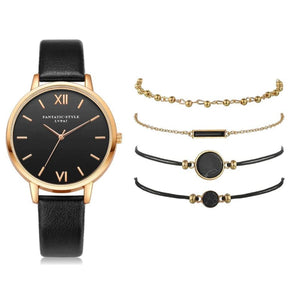 Leather Band Quartz Watch For Women - Black / 5 Pcs