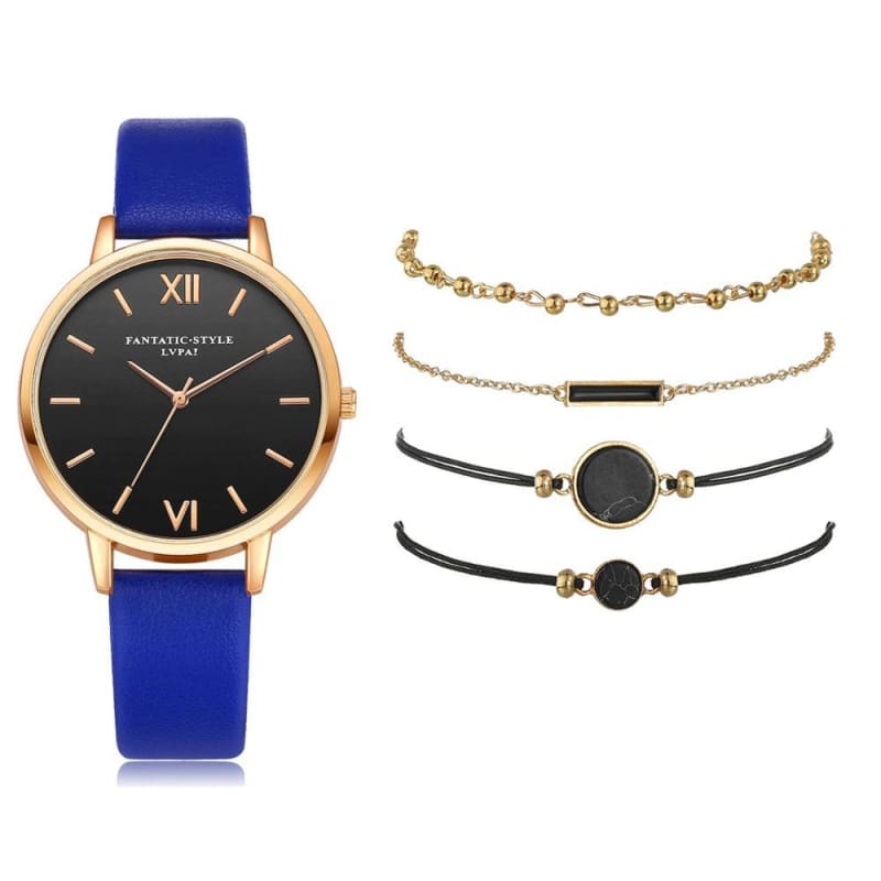 Leather Band Quartz Watch For Women - Blue / 5 Pcs