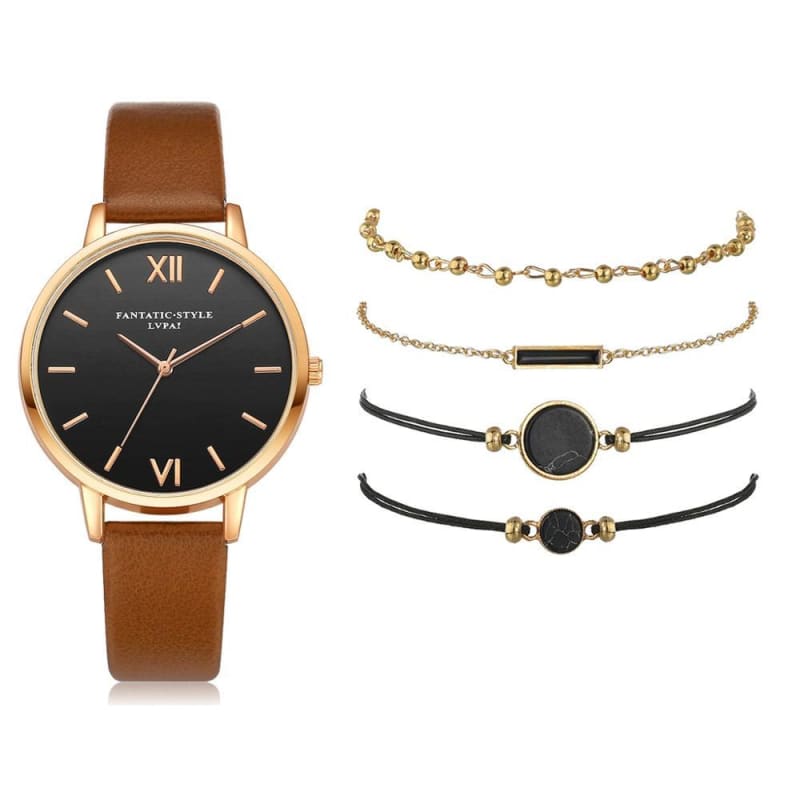 Leather Band Quartz Watch For Women - Brown / 5 Pcs
