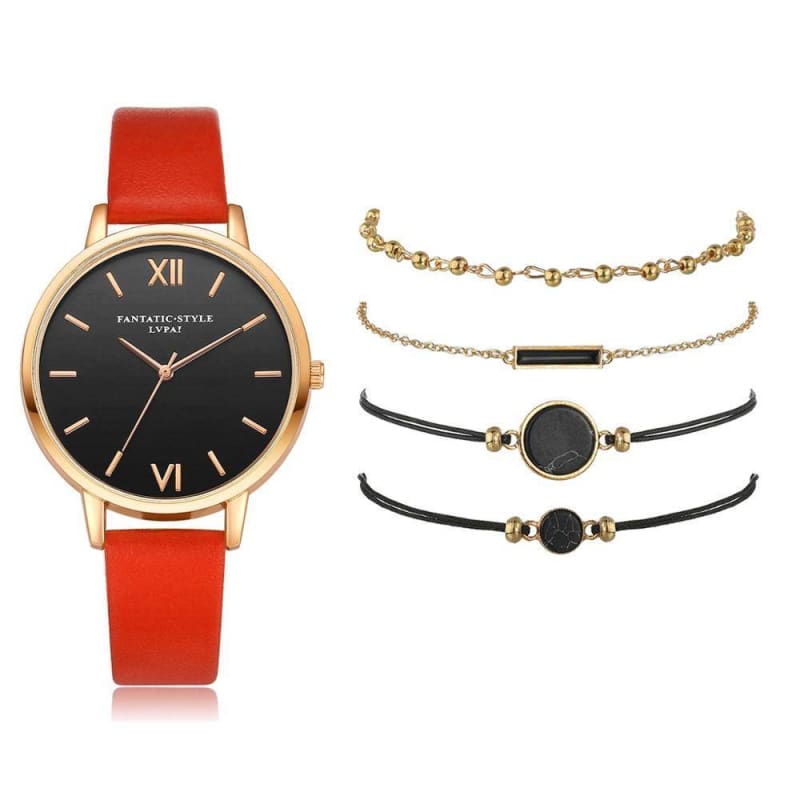Leather Band Quartz Watch For Women - Red / 5 Pcs