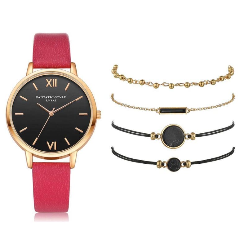 Leather Band Quartz Watch For Women - Rose Red / 5 Pcs