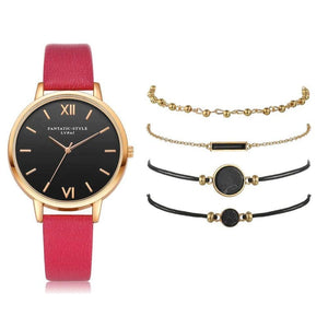 Leather Band Quartz Watch For Women - Rose Red / 5 Pcs
