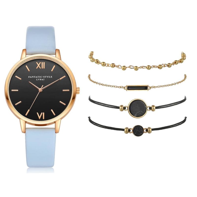 Leather Band Quartz Watch For Women - Sky Blue / 5 Pcs