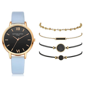 Leather Band Quartz Watch For Women - Sky Blue / 5 Pcs