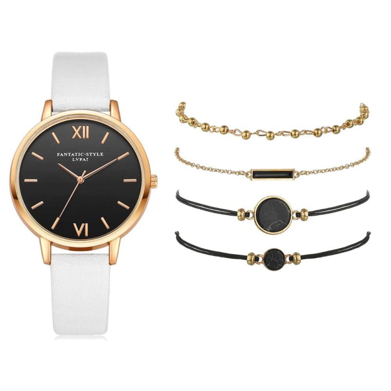 Leather Band Quartz Watch For Women - White / 5 Pcs