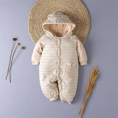 Unisex Strpied Hooded Soft Warm Sleeping Jumpsuit - 1 / 18M