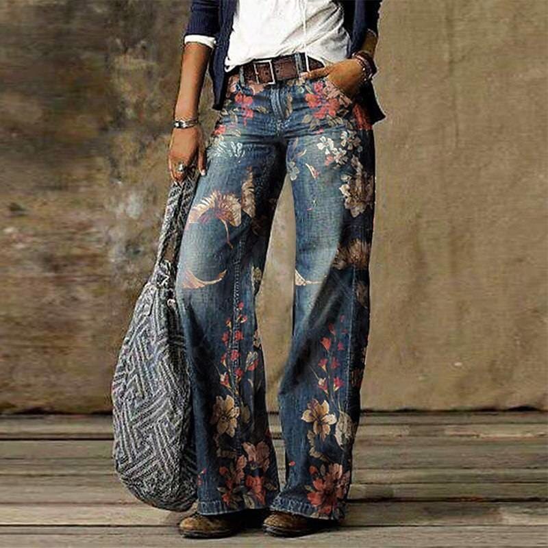 Wide Leg Pants Jeans For Women 2020 - 01 Floral Print / S