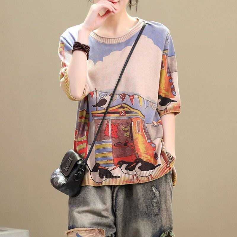 Women Cartoon Printed Round Neck Half Sleeve Loose T-shirt -