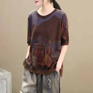 Women Cartoon Printed Round Neck Half Sleeve Loose T-shirt -