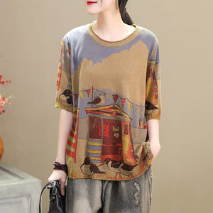 Women Cartoon Printed Round Neck Half Sleeve Loose T-shirt -