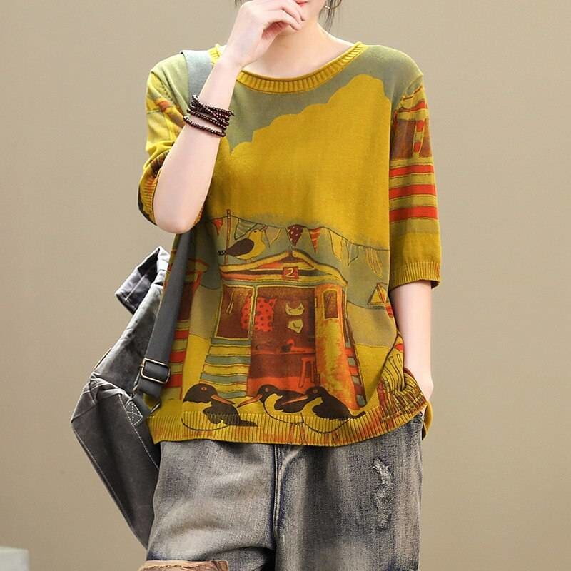 Women Cartoon Printed Round Neck Half Sleeve Loose T-shirt -