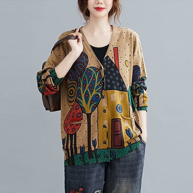 Women Vintage Style Printed V-neck Loose Cardigan Coats